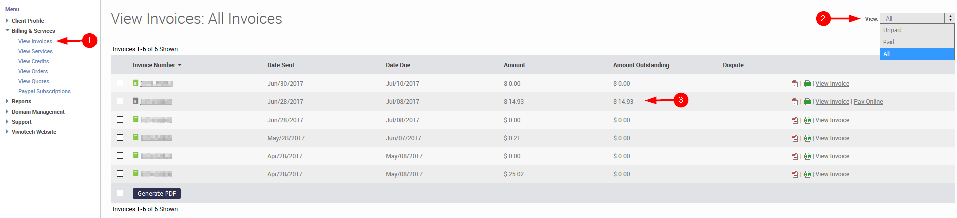 Knowledge Base > How to view invoices and make payment in Portal > View Invoices-annotated.png
